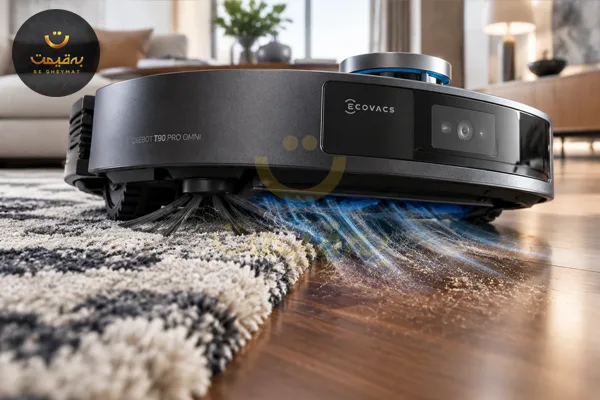 عملکرد مکش قدرتمند جارو برقی رباتیک اکوواکس T90 Pro Omni روی فرش پرزدار و حذف گرد و غبار