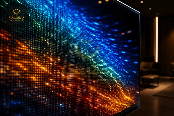 نمای ماکرو از نمایشگر OLED با پیکسل‌های خودنورده و کنتراست مشکی عمیق