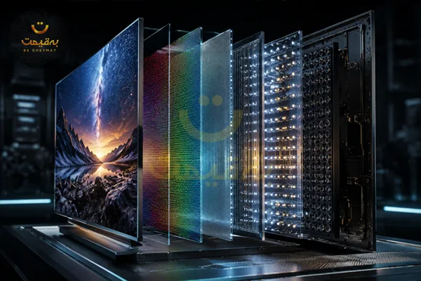 برش فنی لایه‌های داخلی پنل تلویزیون شامل ماتریس نور پس‌زمینه Mini-LED و فیلتر کوانتوم دات